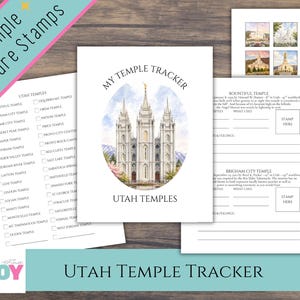 Pode incluir: Um conjunto de páginas do Utah Temple Tracker. A página central apresenta uma ilustração em aquarela de um templo branco com uma agulha dourada, rotulada como "My Temple Tracker" e "Utah Temples". Páginas adicionais incluem listas de verificação e espaço para anotações.