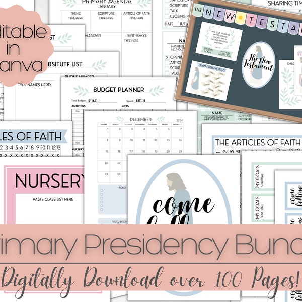 Primary Presidency Bundle PRINTABLE - Primary Binder - Planner - Primary Bulletin Board - Primary Agenda - Digital Download - LDS