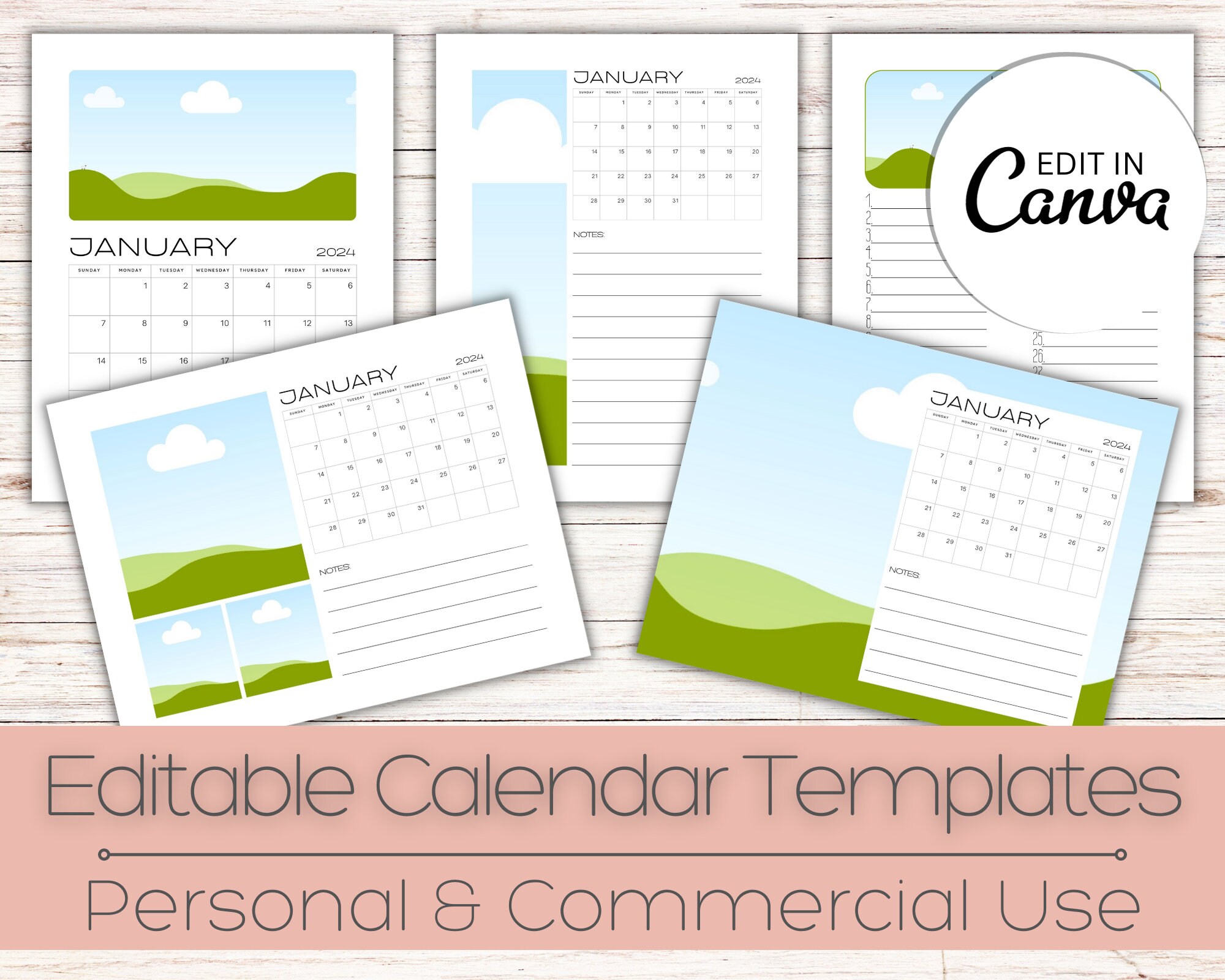 Editable 2024 Calendar Bundle 14 Canva Templates Instant Download