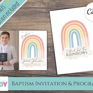 May include: Baptism invitation and program set. The invitation features a colorful rainbow design with the text "I like to look for rainbows." The program includes a photo of a young person holding a book. The text "Bonus invitation included" is also present.