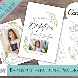 May include: Baptism invitation and program set. The invitation features a photo of a young girl and the text "Welcome to the Baptism of Jane Austin Doe." The program includes details for the ceremony. The words "Bonus invitation included" are also visible.