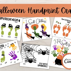 May include: A collection of Halloween-themed handprint craft templates. Designs include witch feet, witch silhouettes, pumpkin footprints, handprint monsters, and spider webs. Each design includes the year 2023 and the phrase "Edit in Canva."