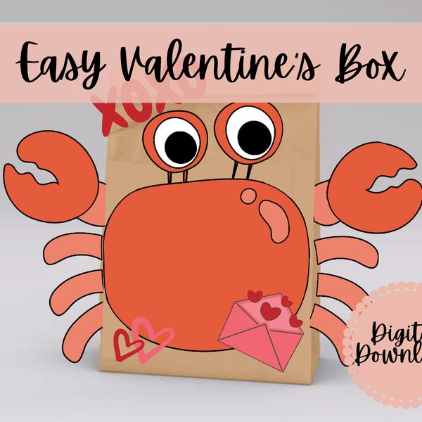 Crab Valentines Box or Bag Printable - Mailbox -  Instant download - DIY - Quick and Easy - Printable