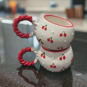 Set of 2 Ceramic Cherry Mugs with Textured Handles – Whimsical Kitchenware