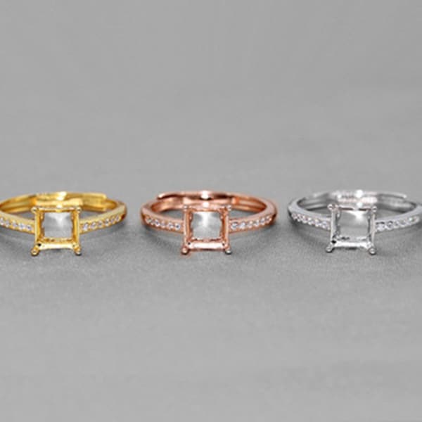 925 Silver Ring Blank/Base/Mount/Setting, Square Shape, Rose/White/Yellow Gold Color, Adjustable Ring, Sizes from 4x4mm to 10x10mm