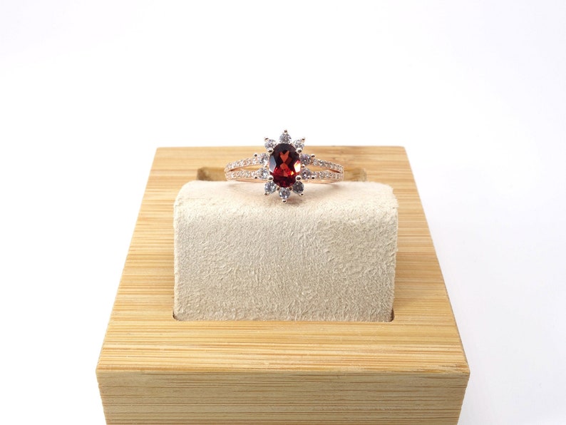 Adjustable Ring 925 Sterling Silver Ring With 5*7mm Natural Gemstone Garnet RoseWhite Gold Plated