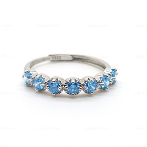 Mossanite Stackable Ring Band, Blue Mossanite Band, Mossanite Half Eternity Band, Stackable Birthstone Ring, April Birthstone Ring, 925 Ring