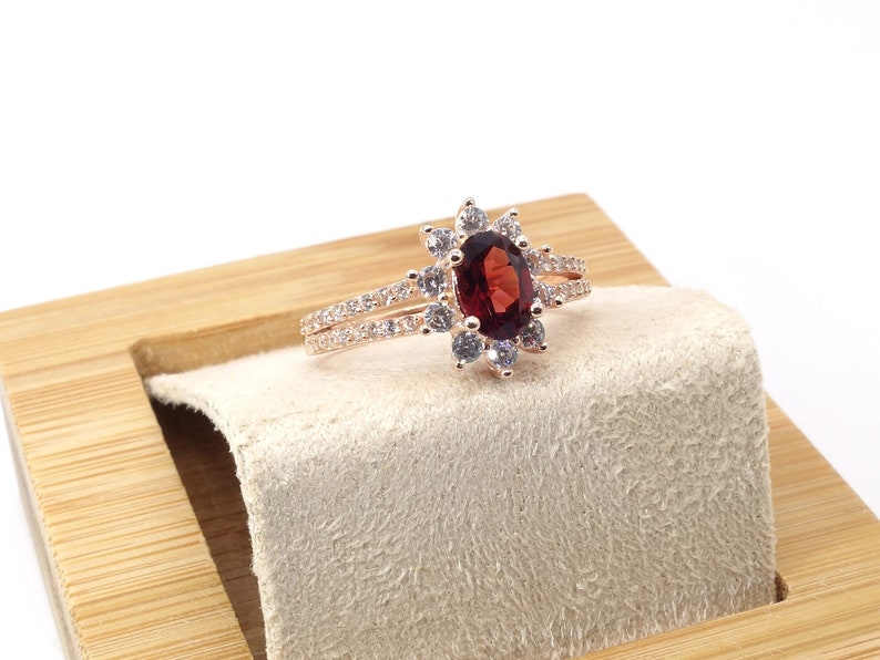 Adjustable Ring 925 Sterling Silver Ring With 5*7mm Natural Gemstone Garnet RoseWhite Gold Plated