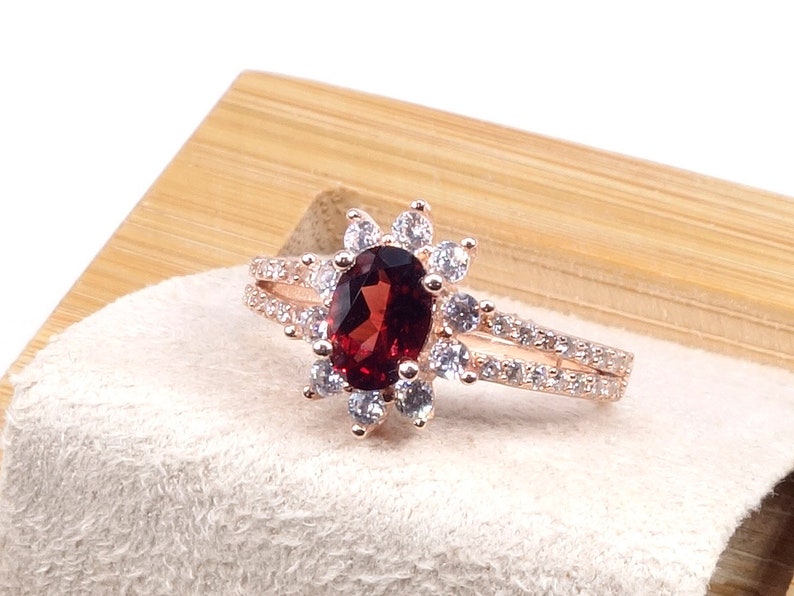 Adjustable Ring 925 Sterling Silver Ring With 5*7mm Natural Gemstone Garnet RoseWhite Gold Plated