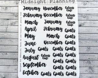 Monthly Labels In Font Six, Along with 'Goals' and 'Colour Code', Sticker Sheets