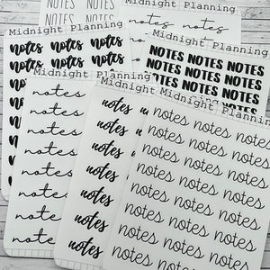 May include: A collection of white planner stickers with the word "NOTES" in various fonts and styles. The stickers are from "Midnight Planning" and are arranged on a light wood-grain surface.