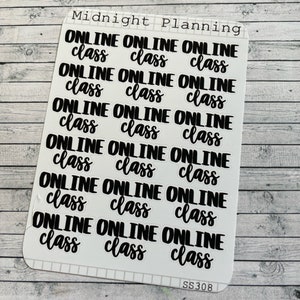 May include: A sheet of stickers with the text "ONLINE CLASS" repeated multiple times in black script font. The text "Midnight Planning" and "SS308" are also visible on the sheet.