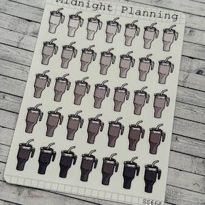 May include: A sticker sheet with a repeating pattern of insulated tumbler illustrations in shades of grey and black. The text "Midnight Planning" is at the top. The sticker sheet has the number "SS664" at the bottom.