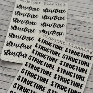 Könnte beinhalten: Zwei Blätter mit durchsichtigen Aufklebern, auf denen das Wort "Struktur" in schwarzer, kursiv geschriebener Schrift steht. Das obere Blatt trägt oben den Schriftzug "Midnight Planning". Das untere Blatt trägt unten den Schriftzug "Midnight Planning".