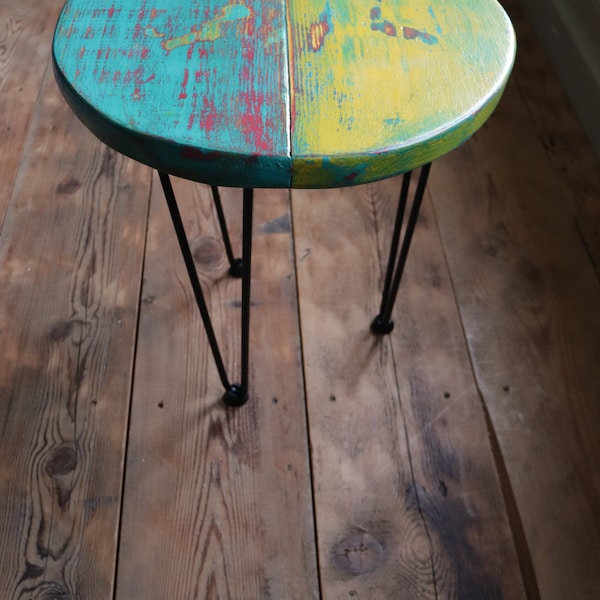 Small colourful, stylish, side table made from recycled scaffolding planks
