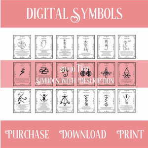 May include: A digital download of 28 printable symbols with descriptions. The symbols are black and white and are set against a pink background. The text "DIGITAL SYMBOLS" is at the top of the image. The text "28+10 FREE SYMBOLS WITH DESCRIPTION" is in the middle of the image. The text "PURCHASE DOWNLOAD PRINT" is at the bottom of the image.