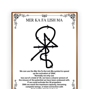 May include: A black and white illustration of a symbol called "Mer Ka Fa Ka Lish Ma" with text explaining that it can be used to speed up the activation of DNA. The text also explains that we only use two out of 36 propellers in our DNA, and that if we could activate all 36, we would become complete beings in total connection with God and the planet we live on.