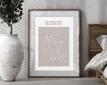 Cartel del signo del zodíaco de Géminis / Arte de pared imprimible de astrología / Decoración minimalista del hogar / Descarga digital