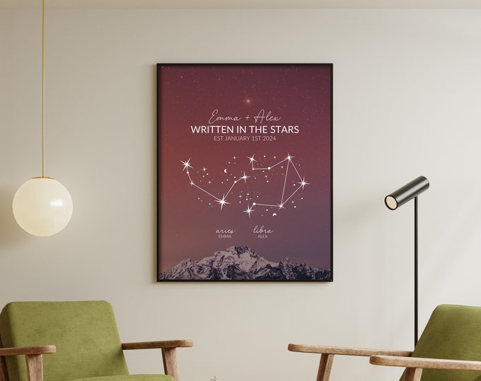 Custom Couple Zodiac Sign Constellation Wall Art | Written in the Stars Print | Astrology Poster | Anniversary/Engagement/Wedding Gift
