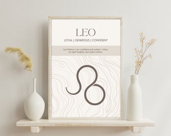 Lejonet stjärnteckenposter | Astrologi utskrivbar väggkonst | Minimalistisk heminredning | Digital nedladdning