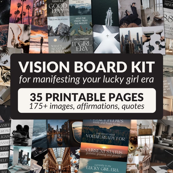 2024 Vision Board Kit | Lucky Girl Ära | 35 druckbare Seiten mit mehr als 175 Bilder, Affirmationen und Zitate | Manifestierendes Geschenk