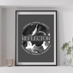 Könnte beinhalten: Ein schwarz-weißer abstrakter Druck mit dem Wort "REFLECTOR" in einem weißen Rechteck. Der Druck ist von einem Kreis mit den Worten "ADAPTABLE | INTUITIVE | OBJECTIVE | OPEN-MINDED | VERSATILE | INTROSPECTIVE" in Weiß umgeben.