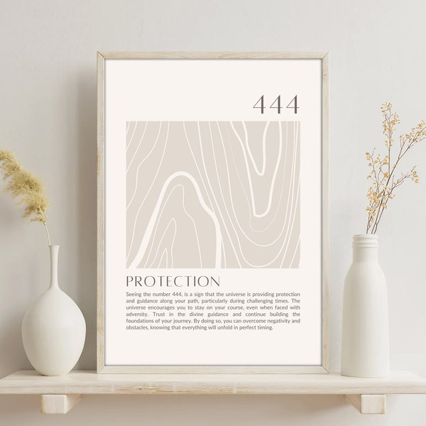 Número de ángel 444 (Protección) Arte imprimible / Decoración mínima del hogar / Póster de descarga digital de numerología / Regalos conscientes para el buscador zen