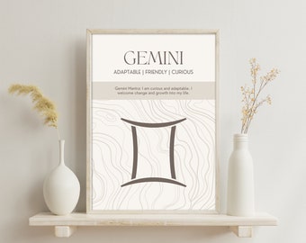 Cartel del signo del zodíaco de Géminis / Arte de pared imprimible de astrología / Decoración minimalista del hogar / Descarga digital