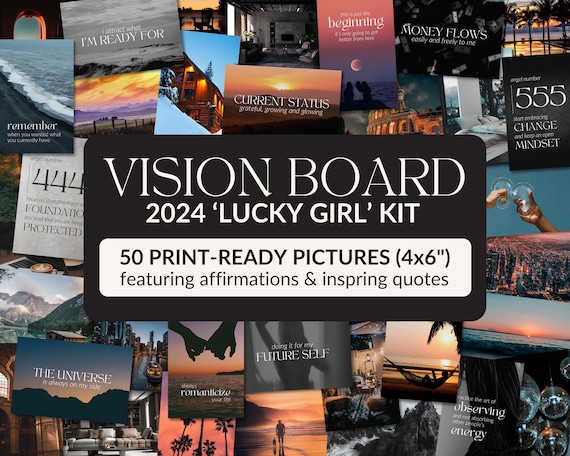 2024 Vision Board Kit 'lucky Girl' Aesthetic 50 Print-ready 4x6 Pictures  With Affirmations & Inspirational Quotes Gallery Wall Set 