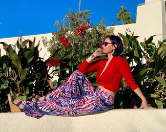 BLUE RED LEAVES beautiful palazzo pants. Fashion Resorts/ Loungewear/ Nights out/ Any Occasion Wear.