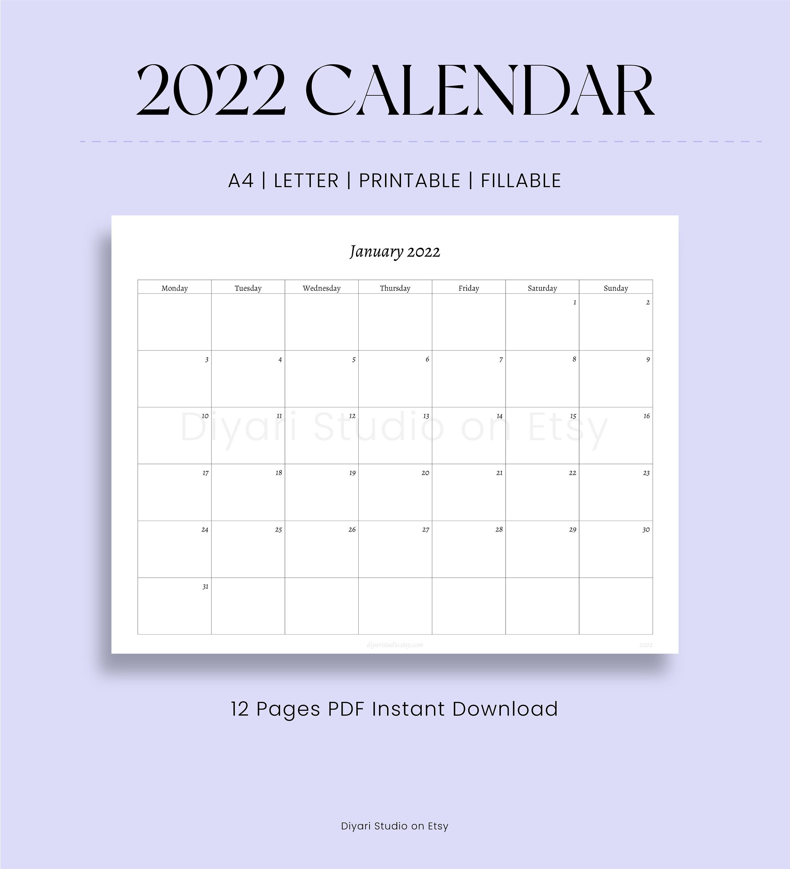 2022 calendar 12 months printable fillable calendar etsy