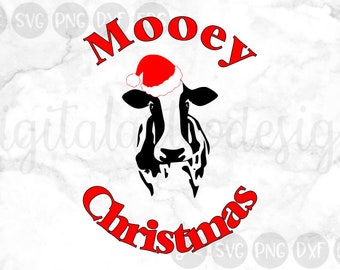 Mooey Christmas, Merry Christmas, Christmas, Cow, Santa Hat, Cut File, SVG, PNG, DXF, for Silhouette and Cricut