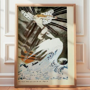 May include: A framed art print titled The North Wind goes over the sea. Page 22. It depicts a pale figure with large white wings and golden hair flying over a stylized white wave and dark sea, with a large orange sun in the background.
