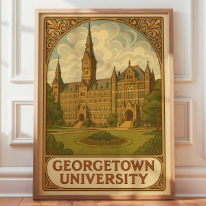 Póster de la Universidad de Georgetown, lámina del campus de estilo Art Nouveau, arte mural de Healy Hall, exalumnos de Washington D.C.