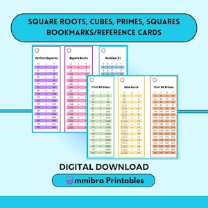 Marcadores/tarjetas de referencia sobre cuadrados perfectos, raíces cuadradas, raíces cúbicas y números primos