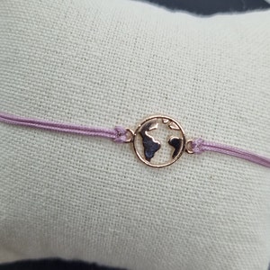 Damen Armband Weltkarte, 925er Silber, rosevergoldet. Makramee, Geburtstag, Weihnachten, Freundin, Liebe