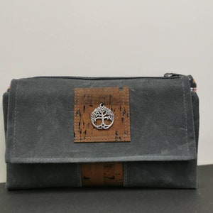 Geldbörse / Geldbeutel / Portmonee aus Dry Oilskin (gewachste Baumwolle) in grau blau mit Korkleder