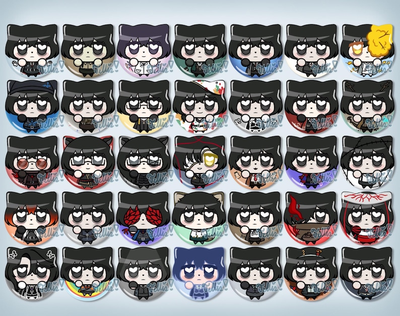 Puede incluir: Una colecci&oacute;n de treinta chapas redondas con un personaje recurrente de estilo chibi con pelo negro y orejas de gato. Cada chapa muestra al personaje con diferentes atuendos, accesorios y combinaciones de colores, todas con una marca de agua.