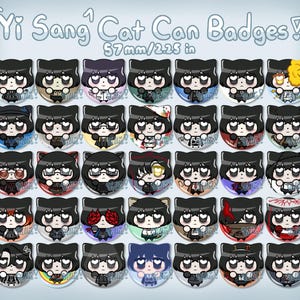Puede incluir: Una colecci&oacute;n de treinta y cinco chapas redondas con un personaje estilizado de pelo negro y orejas de gato. Cada chapa mide 57 mm de di&aacute;metro. El texto Yi Sang Cat Can Badges! 57mm/2.25 in est&aacute; impreso en la parte superior.