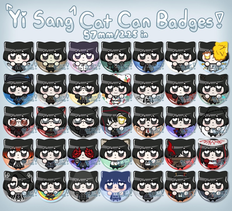 Puede incluir: Una colecci&oacute;n de treinta y cinco chapas redondas con un personaje estilizado de pelo negro y orejas de gato. Cada chapa mide 57 mm de di&aacute;metro. El texto Yi Sang Cat Can Badges! 57mm/2.25 in est&aacute; impreso en la parte superior.