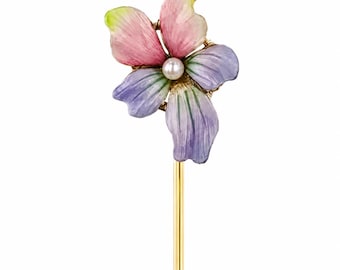 Antique Inspired Violet Flower Stick Pin – Enamel Lapel Pin – Botanical Jewelry – 14k Gold