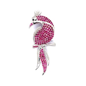 Puede incluir: Broche plateado con forma de pájaro con corona, pico y cola. El cuerpo del pájaro está cubierto de pequeñas piedras redondas de color magenta. El broche está posado en una rama plateada.