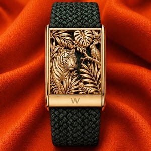 May include: A rectangular watch with a dark green braided strap and a gold-toned metal frame. The watch face features an intricate gold relief design of a tiger, a parrot, and tropical foliage. A gold bar at the bottom displays the letter W.