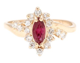 Marquise Ruby Diamond 14k Gold Ring - July Birthstone, Size 7.5