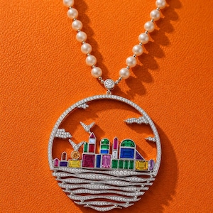 City Skyline Gemstone Pendant Argentium Silver CZ Circle Necklace Gift
