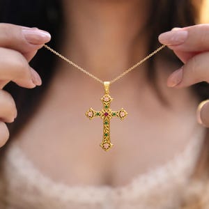 Solid 14K Gold Ember Grace Cross Pendant - Ruby Emerald Floral Christian Jewelry
