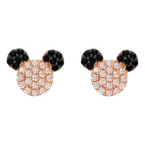 May include: A pair of rose gold stud earrings in the shape of a mouse head. The ears are black, and the head is covered in small, clear, sparkling stones. The earrings are set against a white background.