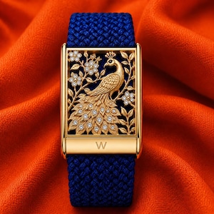May include: A rectangular gold watch face featuring an intricate peacock and floral motif embellished with small clear stones. The watch has a dark blue woven strap and a gold bar at the bottom engraved with the letter W, set against a bright orange fabric.