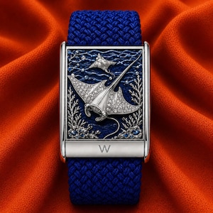 May include: A rectangular wristwatch with a blue braided strap and a silver case. The dial features a detailed relief of two stingrays swimming among coral, accented with clear stones and blue gems. The letter W is engraved on the silver bar.
