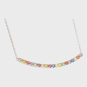 14K White Gold Rainbow Sapphire Bar Chain Necklace- 1.29ct Natural Multicolor Sapphires- Layering Necklace- Unique Anniversary Gift